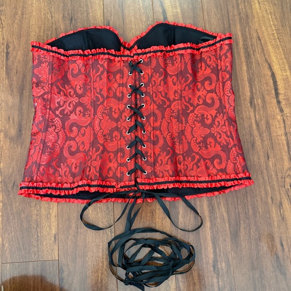Red Black Brocade Corset Bustier Top Lace Up Gothic Burlesque Plus Size 5XL - Picture 4 of 7